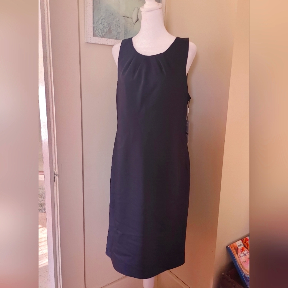 NWT Calvin Klein Black Ribbed Sheath Midi Dress with Sleeveless Design